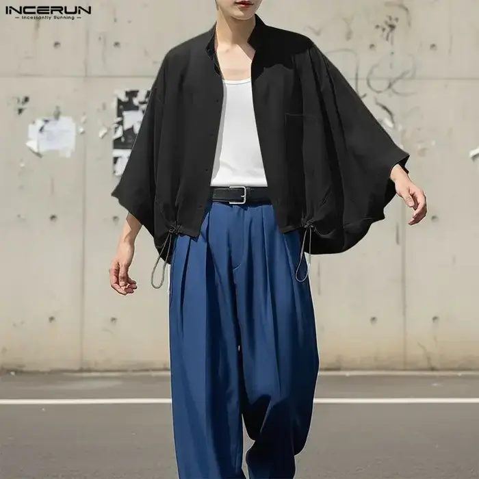 Chemise Homme INCERUN Col Montant Uni Manches 3/4 Ample Décontractée Vêtements Homme Cordon de Serrage Streetwear 2026 Hauts Tendance Chemises Homme