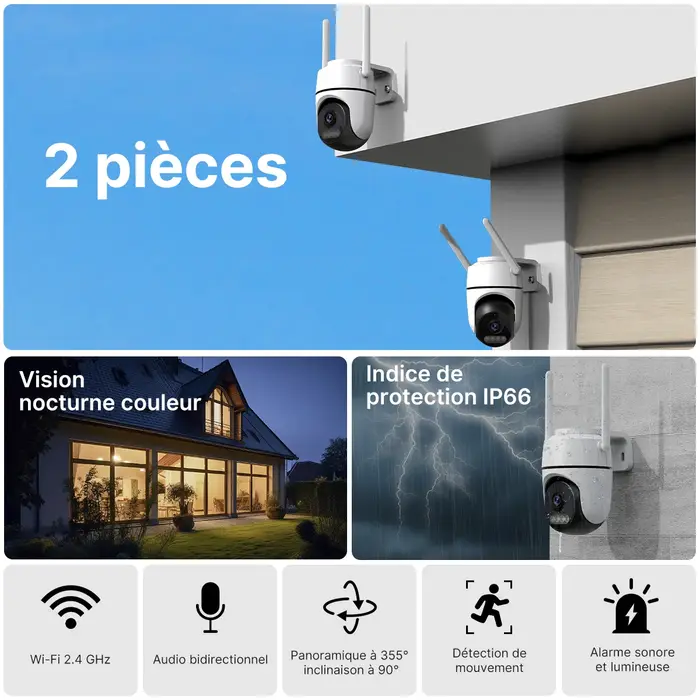 Caméra PTZ extérieure WONSDAR 2 pièces - Surveillance vidéo WiFi, détection de mouvement et alarme iCsee