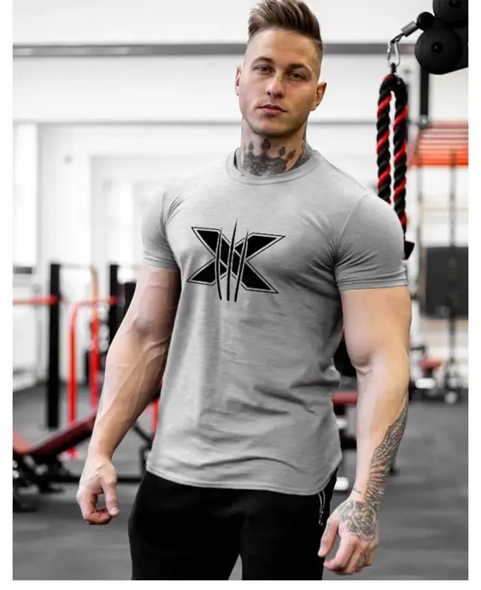 Vêtements de sport pour hommes, T-shirt à manches courtes en coton, Slim, imprimé, pour course à pie