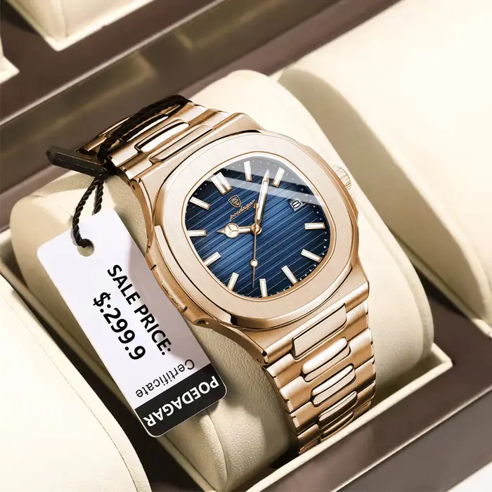 Montre homme carrée POEDAGAR quartz étanche date lumineuse - Acier inoxydable luxe affaires