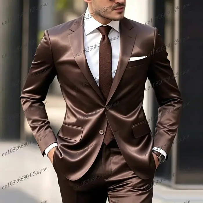 Costume formel pour homme en satin d'acétate brun foncé, pour marié, témoin, mariage, soirée, bal, a