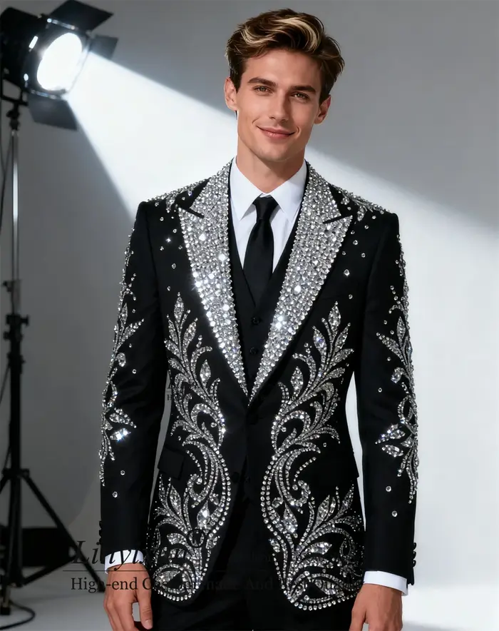 Costumes de smoking haut de gamme pour hommes avec cristaux et strass, sur mesure, coupe ajustée, po