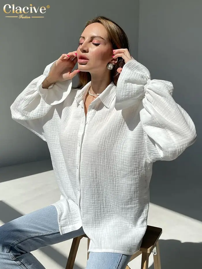 ClacMarkets-Chemisiers de bureau blancs pour femmes, chemises à manches longues à revers, haut chic 