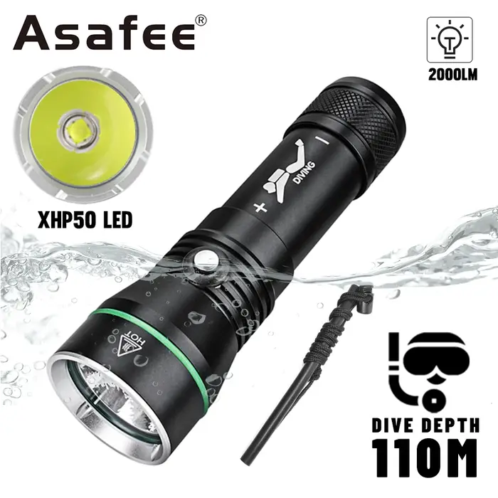 Asafee-Lampe de Poche pour Plongée Sous-marine, Torche d'Exploration, Joli à Pression, 50 LED, 110m,