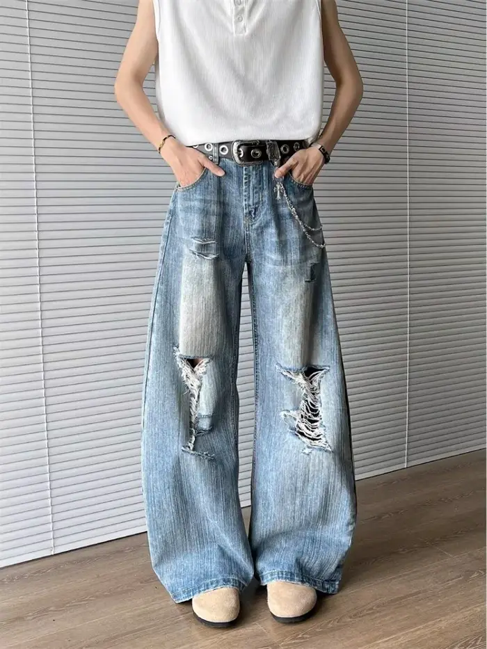 2025 Trashy Y2K Streetwear lavé bleu Baggy déchiré jean pantalon pour hommes 90S Vintage vêtements droit en détresse