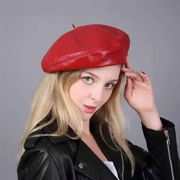 Chapeau béret en cuir véritable pour femme, casquette de peintre de citrouille européenne, couleur a
