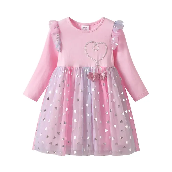 VIKITA fille manches évasées automne printemps robe rose enfants coeur forme maille Tulle princesse 