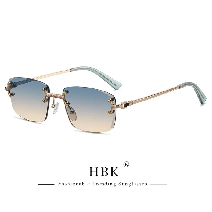 HBK-Lunettes de soleil carrées sans monture pour homme, verres dégradés bleus, métal de qualité supé