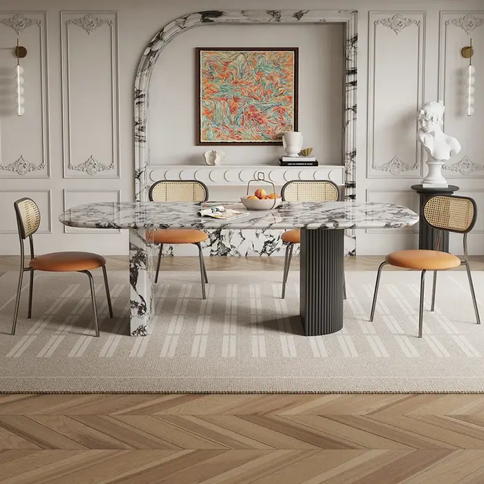 Table à manger rectangulaire de luxe sur mesure en marbre français, toutes tailles, esthétique crème