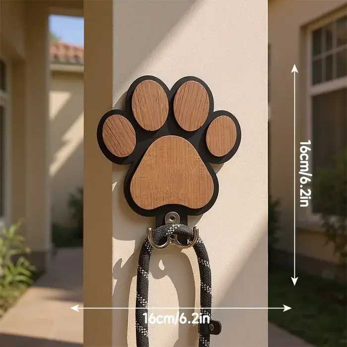 Porte-laisse mural en bois avec motif de patte, support pour colliers et manteaux, design mignon en 