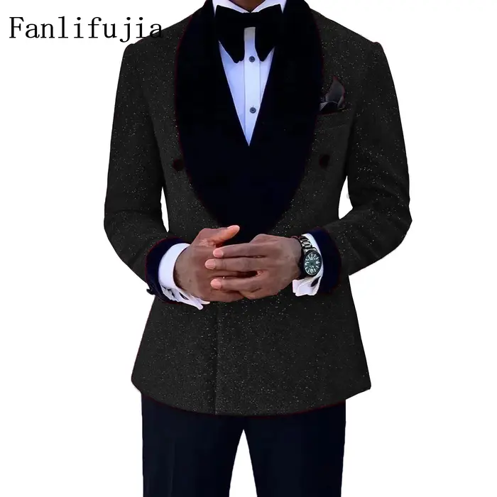 Fanlifujia luxe rouge paillettes costumes hommes marié mariage smoking Double boutonnage Blazer form