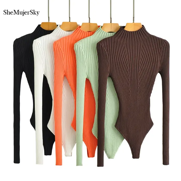 SheMujerSky femmes Sexy haute fente tricoté élastique mince body printemps automne col roulé combina