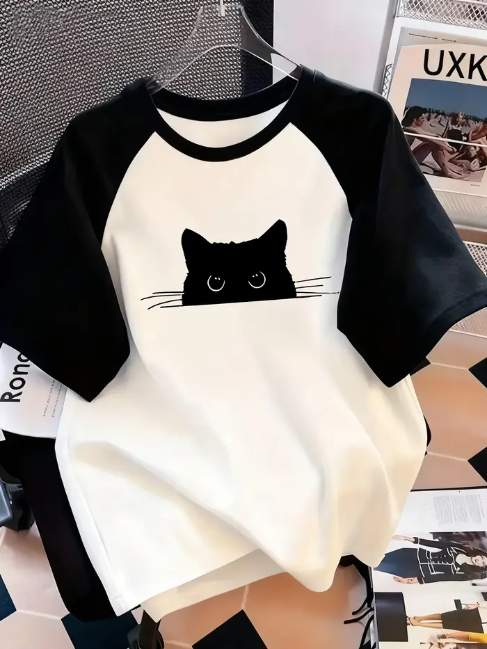 Kawaii T-Shirt rétro chat noir lettre imprimée col rond T-Shirt décontracté à manches courtes haut p