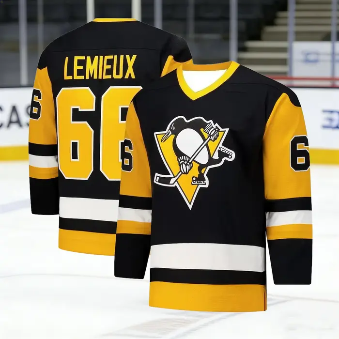 Maillot de hockey 2026 jaune/blanc/noir avec accents et logo pingouin, respirant, imprimés 3D HD pou