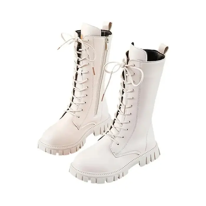 Bottes mi-mollet en cuir blanc à lacets pour filles, avec fermeture éclair latérale, semelle souple,