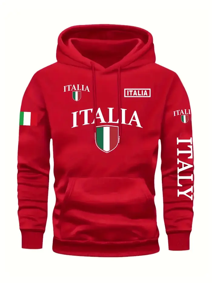 Sweat à capuche gris pour hommes, bouclier drapeau italien audacieux, lettre imprimée, pull décontra
