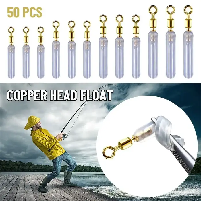 Flotteurs de pêche en silicone avec tête en cuivre et anti-nœud, lot de 50 pièces