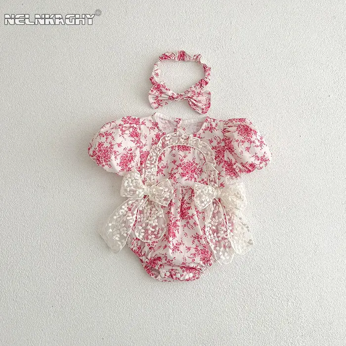 2025 été nouveau dans infantile princesse Style combinaisons nouveau-né enfants arc dentelle fleur v