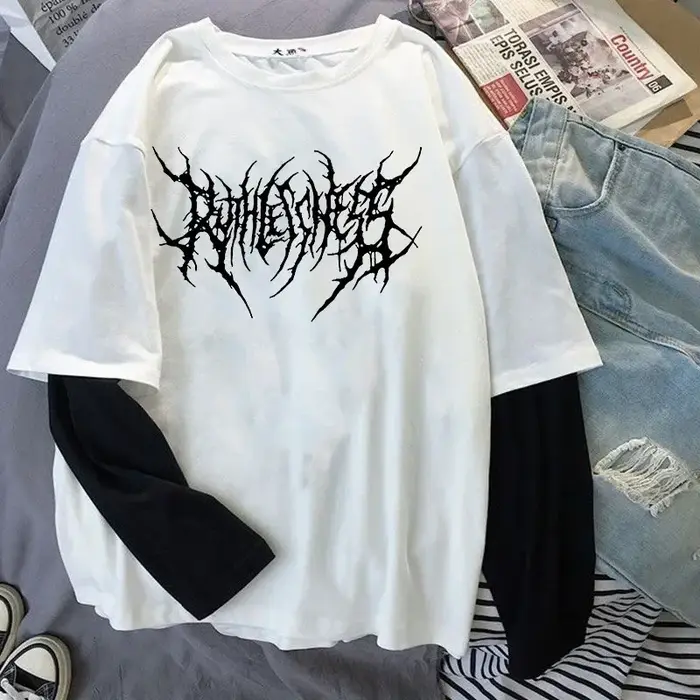 Mode Punk Style foncé imprimé col rond T-shirt Y2K Sport Harajuku mince femmes haut manches longues 