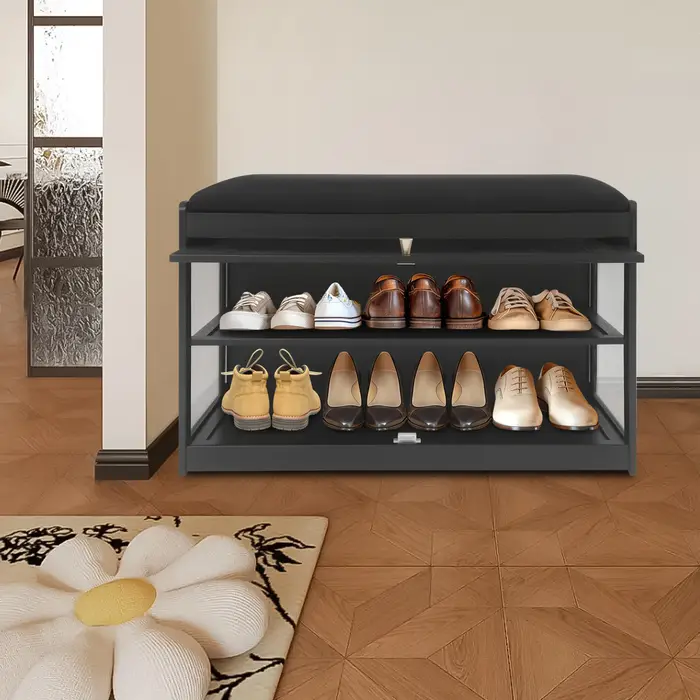 Banc à chaussures rectangulaire à 2 niveaux avec coussin et espace de rangement pour entrées, couloi