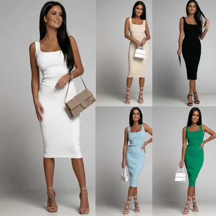 Robe décontractée en polyester et coton sans manches pour femmes, col en U, ajustée, longueur aux genoux, pour l'été 2026