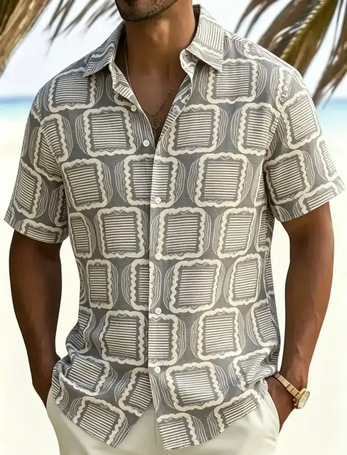 Chemise à manches courtes imprimée avec motif totem géométrique, haut décontracté pour hommes, adapt