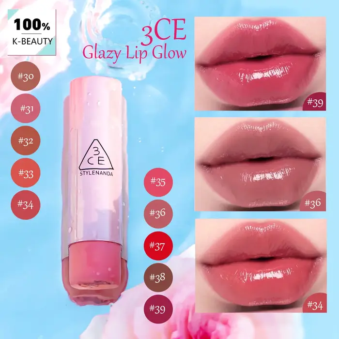 3CE Glazy Lip Glow, texture brillante et glacée, hydratant et non collant, sensation légère et aqueu