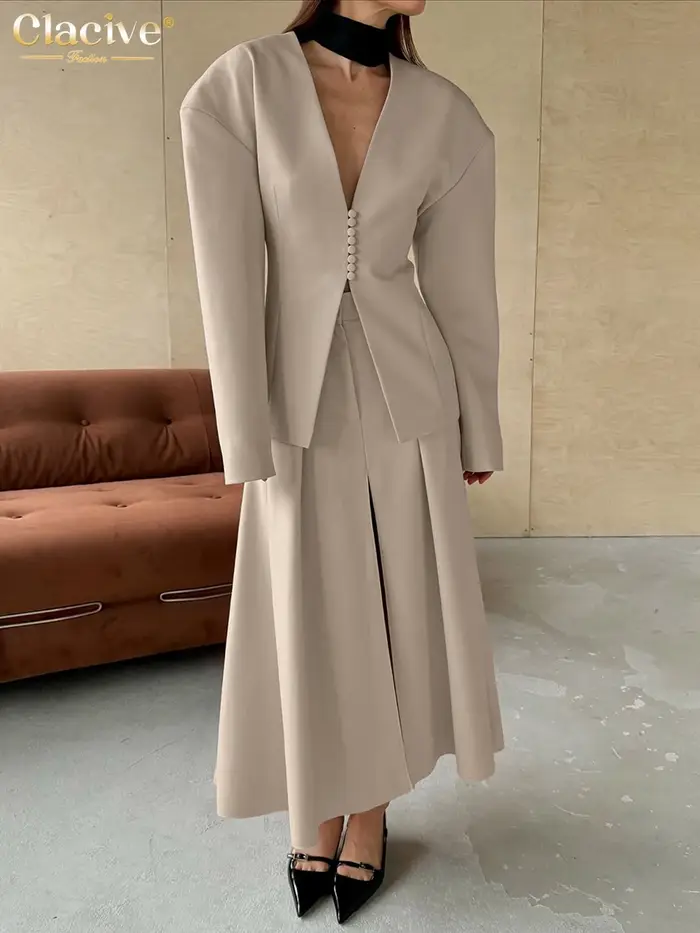Clacive mode ample kaki bureau femmes deux pièces ensemble 2025 élégant chemise à manches longues av