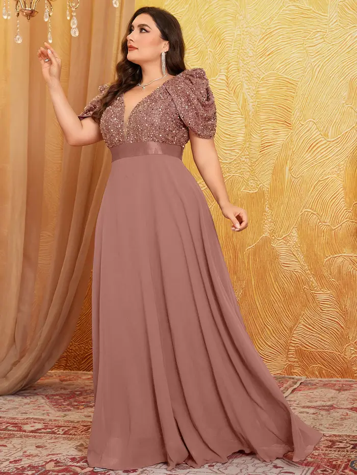 Robe de soirée élégante haut de gamme pour femmes grandes tailles, col en V profond, manches bouffan