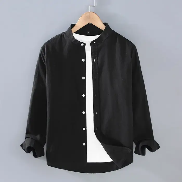 Chemise en lin pour hommes, couleur unie, col Henry, haut à manches longues, décontracté, respirant,