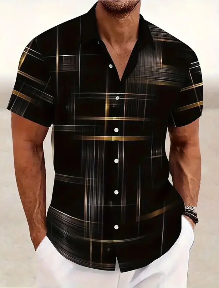 Chemises d'été à carreaux à grille géométrique pour hommes, chemise hawaïenne à manches courtes raba