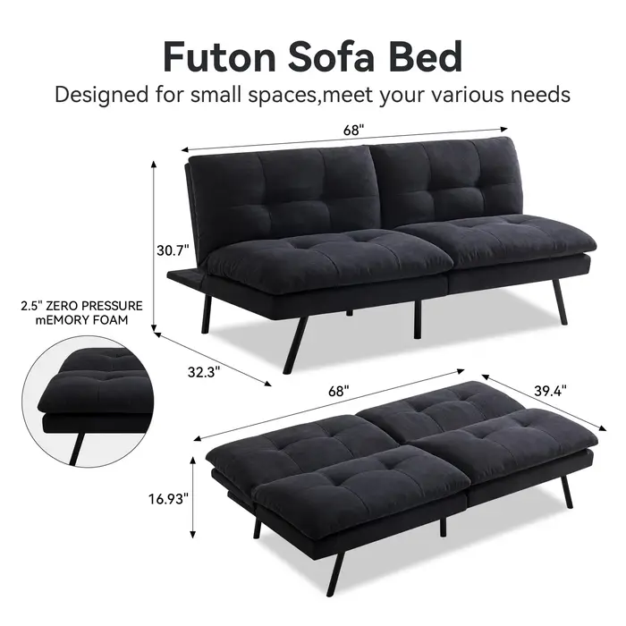 Hcore-Canapé-lit en mousse à mémoire de forme, sofa convertible, causeuse noire pour petits espaces,