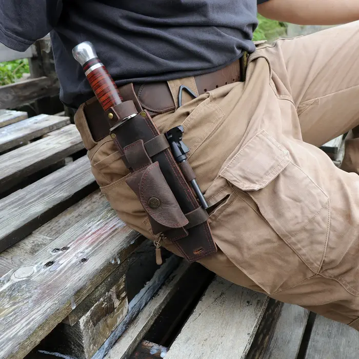 Étui en cuir Tourbon pour couteau de camping, chasse, lame fixe multifonction avec fente pour allume