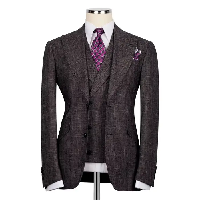 Costume Homme Marron Léger en Lin et Coton à Revers Pointus, Simple Boutonnage, pour Mariage et Affa