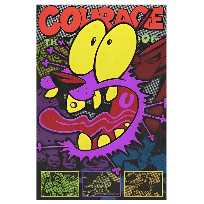 Courage le chien lâches impression sur toile, art mural sans cadre, affiche de dessin animé vibrant,
