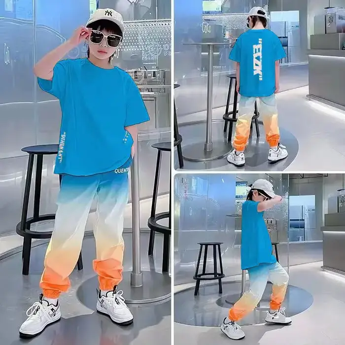 Ensemble Sportif 2 Pièces Tendance pour Garçons : T-shirt Manches Courtes Dégradé & Pantalon Jogger 