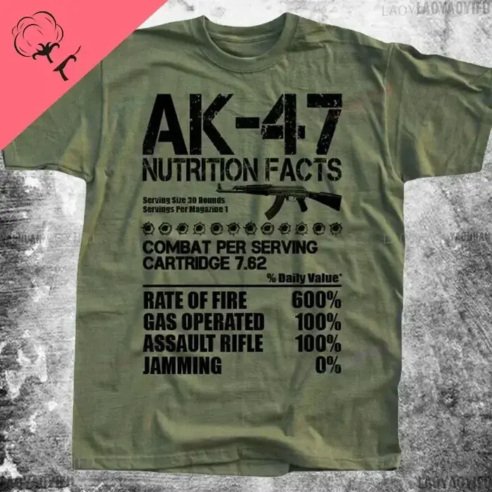 Unique russe Kalachnikov AK47 fusil d'assaut faits nutritionnels graphique t-shirts homme été coton 