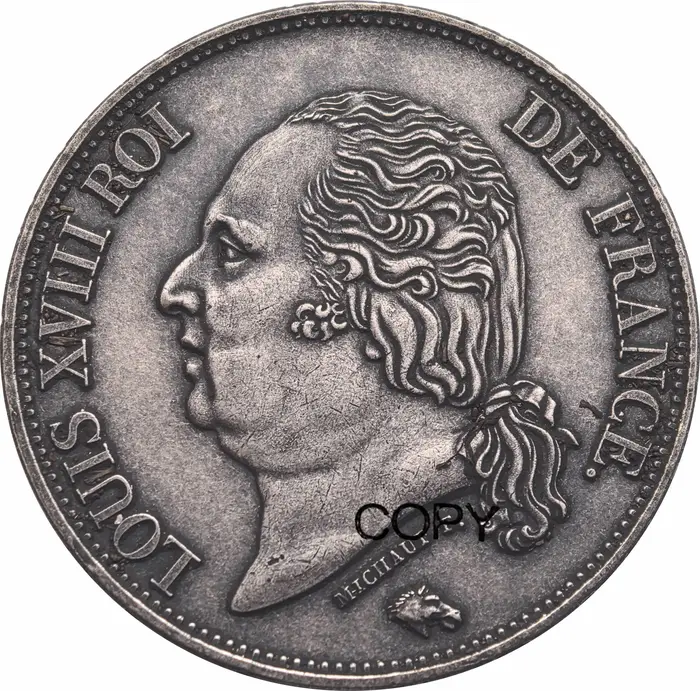 France 1818 I 5 Francs Louis XVIII tête nue pièce métal laiton plaqué argent Souvenir à collectionne