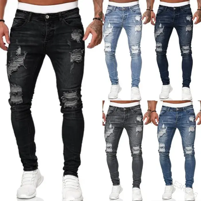 Mode Street Style déchiré Skinny Jeans hommes Vintage lavage solide Denim pantalon hommes décontract
