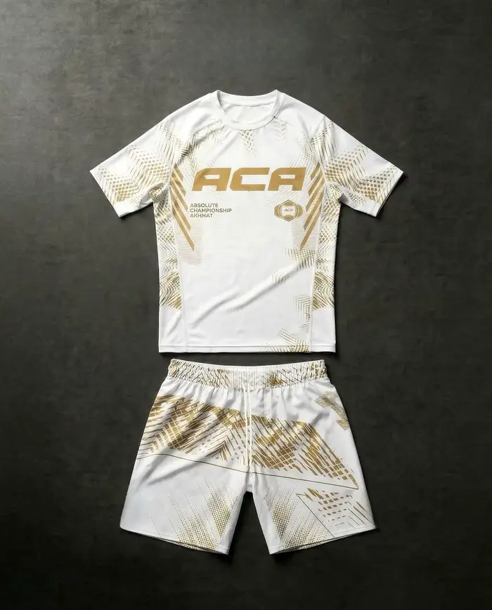 Ensemble de compression pour homme 2026 : Rashguard et short de combat, motif lignes or et blanc, in