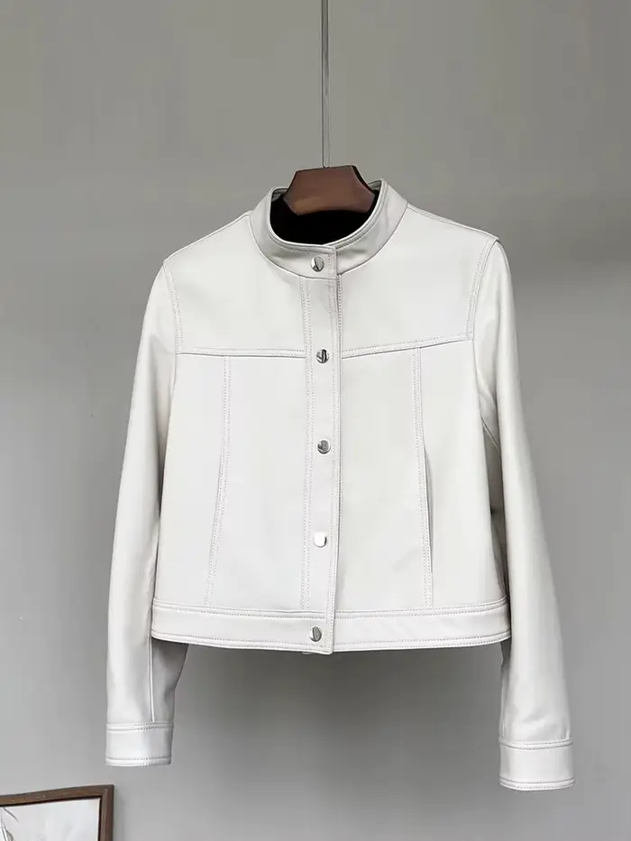 Veste en simili cuir élégante et luxueuse avec col montant et manches longues pour femmes, parfaites pour les occasions formelles et semi-formelles, printemps et automne ```