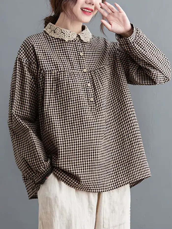 Chemises décontractées à manches longues pour femmes, style simple, col en dentelle, vintage, plaid,