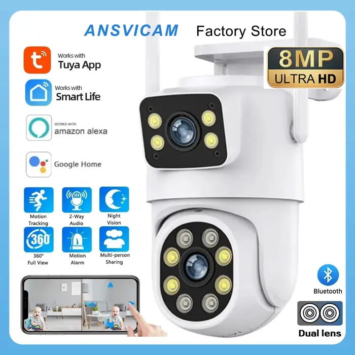 Caméra de sécurité WiFi 4K 8MP double objectif PTZ avec suivi IA - Surveillance extérieure Tuya