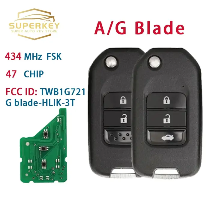 SUPERKEY – clé télécommande à lame A/G, puce ID47 433Mhz, pour Honda Accord Civic City CRV Jazz XR-V