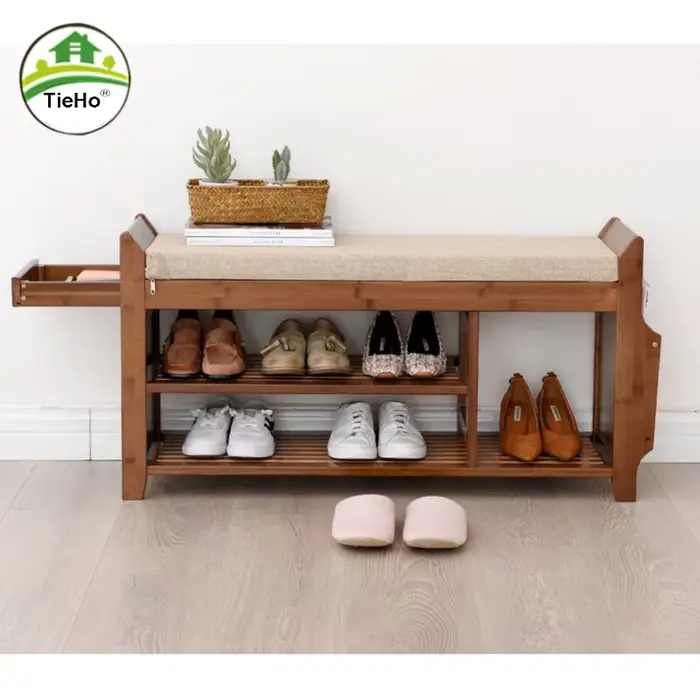 TieHo-Tabouret à Chaussures en Bambou avec MEL, Tabouret de Porte d'Entrée, Banc à Chaussures de Gra
