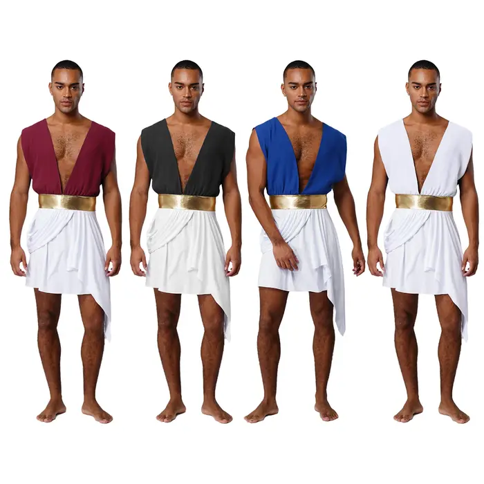 Costumes de gladiateur Toga pour hommes dieu grec ancien empereur romain sans manches bloc de couleur tenues de guerrier médiéval halloween