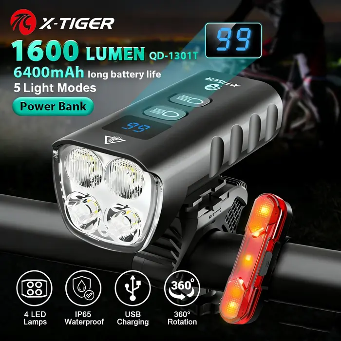 X-TIGER – lampe frontale de vélo, 6400mA, Rechargeable, 1600lm, lampe frontale de cyclisme, lampe de