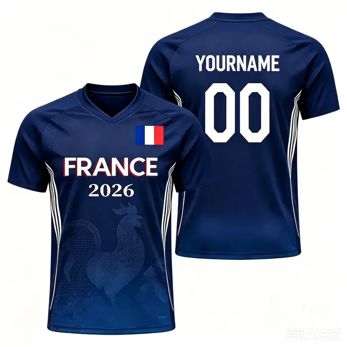 Maillot de football américain France 2026 - Nom et numéro personnalisés - Respirant et séchage rapide - Haut d'entraînement unisexe - Cadeau pour les fans