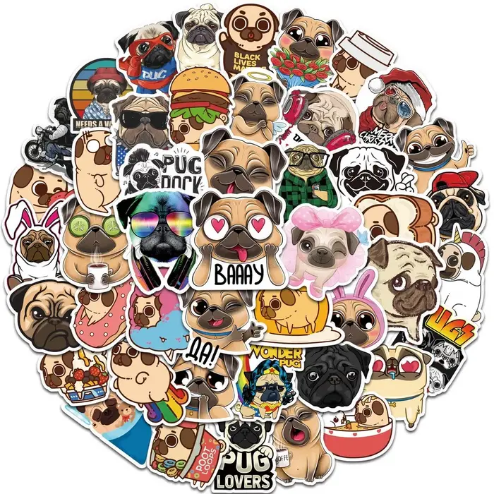 50pcs drôle Animal chien carlin autocollants Kawaii papeterie Scrapbooking téléphone ordinateur port
