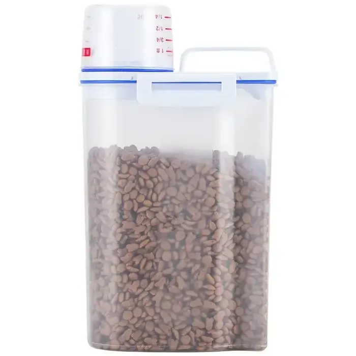 Seau de rangement en plastique pour chiens avec tasse graduée volume 1500g 2000g résistant à l'humidité pour la nourriture des animaux de compagnie
